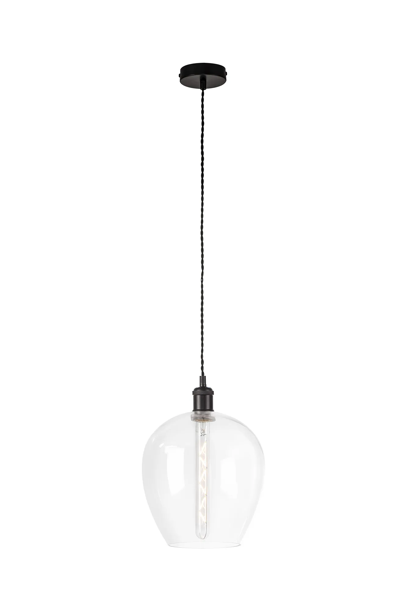 Cawdor Single Pendant, 1 Light E27, Matt Black/Black/Clear Wine Glass DK1108  Deco Cawdor
